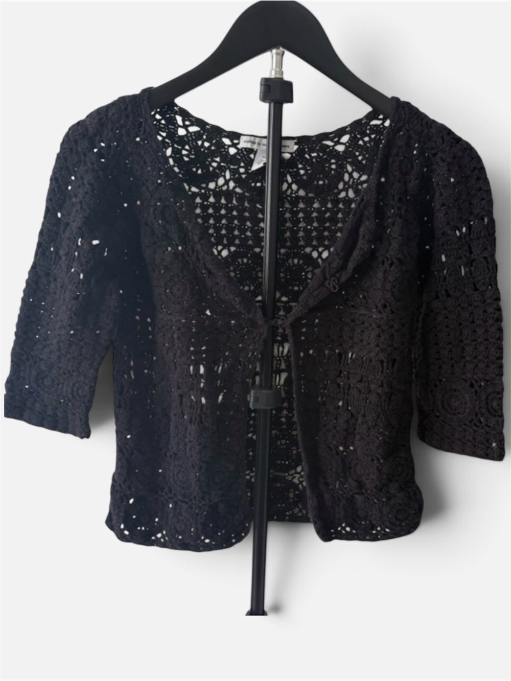 Women's Black Crochet Open-Front Cardigan Sweater